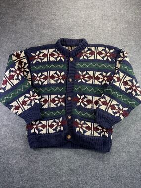 Mens VTG Fair Isle Nordic Cardigan Sweater Sz L Wool Button front Heavyweight